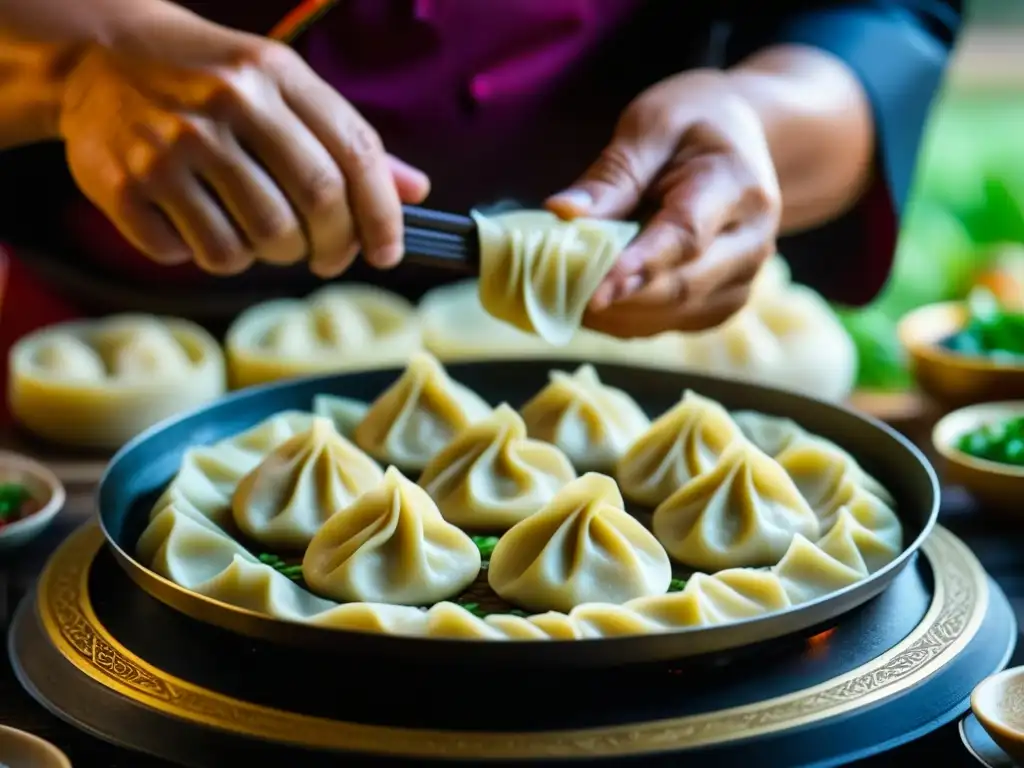 Un chef mongol prepara expertamente buuz con detalles intrincados, evocando la cocina mongol e invasión culinaria India