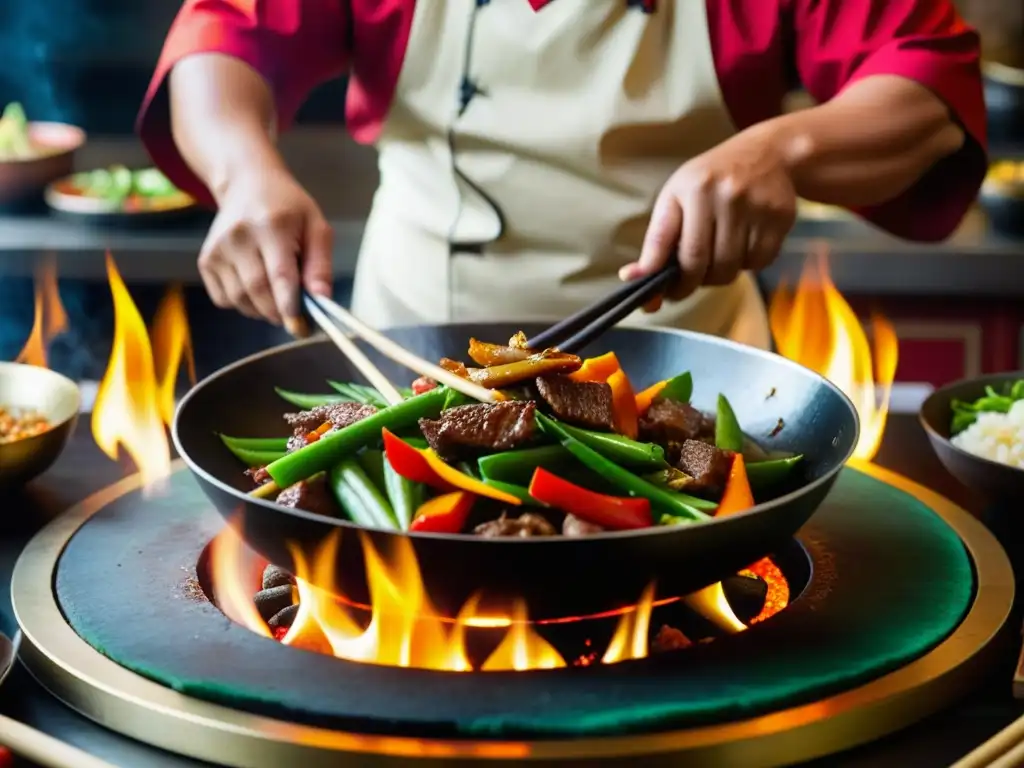 Un chef mongol prepara con destreza un wok de salteado mongol, en un mercado bullicioso