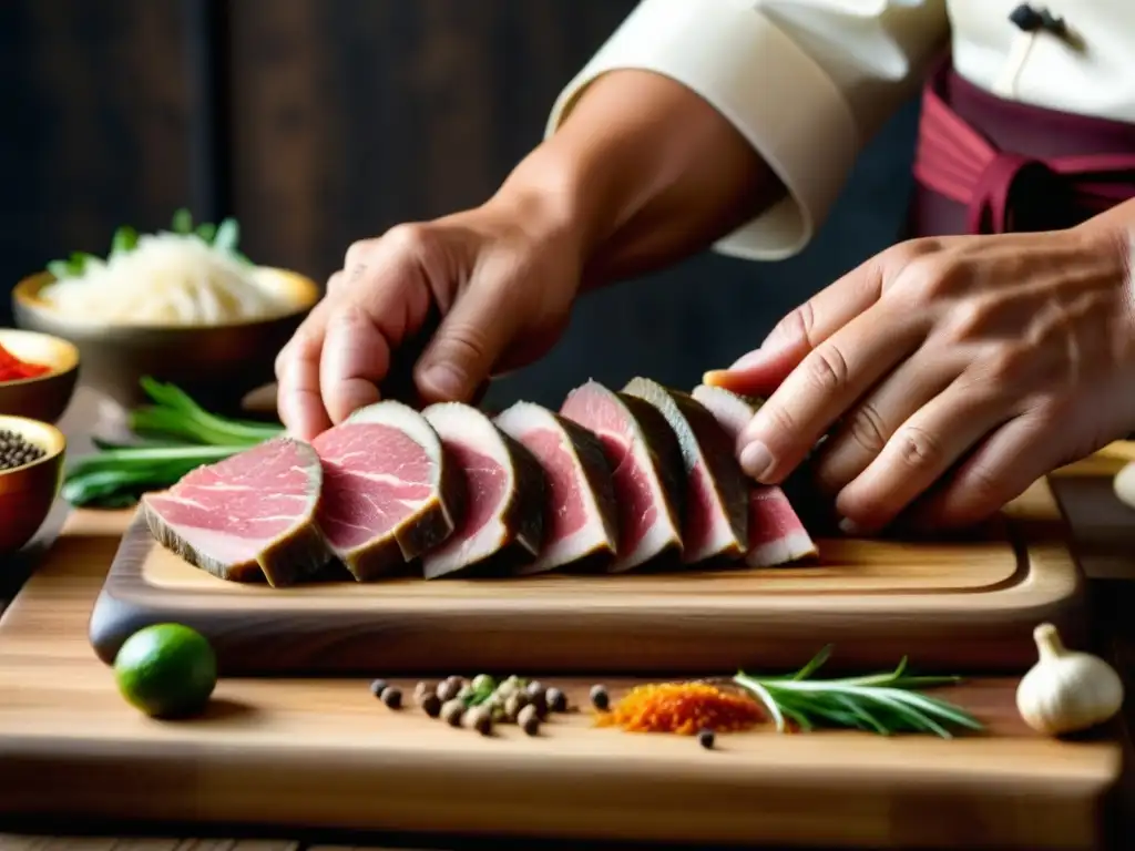 Un chef mongol experto cortando carne en tabla de madera rodeado de especias, fusionando técnicas culinarias en India