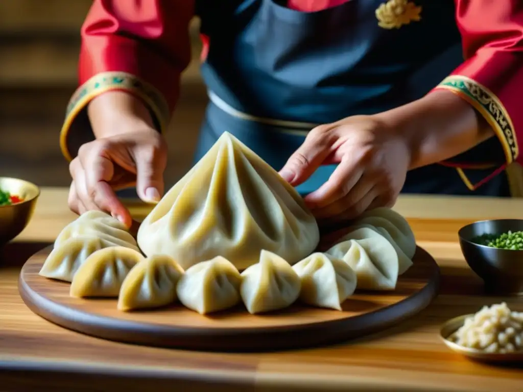 Un chef mongol experto elaborando dumplings con influencia gastronomía mongola Ruta Seda