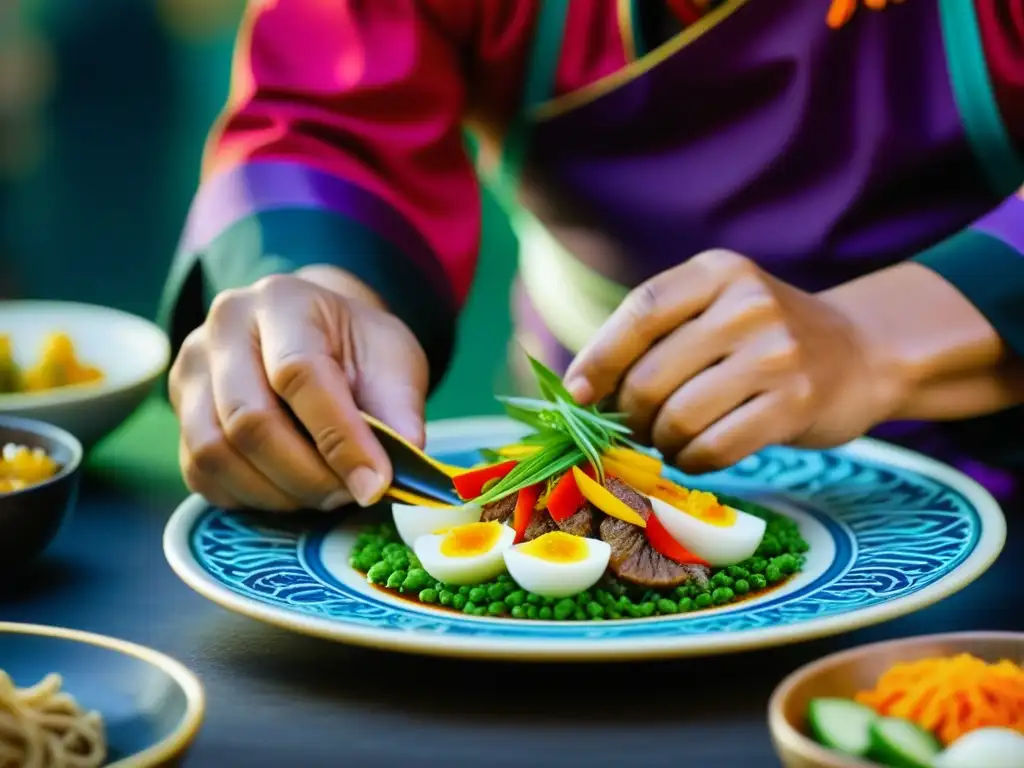 Chef mongol preparando plato colorido con influencia gastronomía mongola Ruta Seda