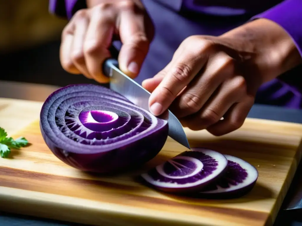 Un chef corta una papa morada para un plato andino, resaltando su textura y patrón