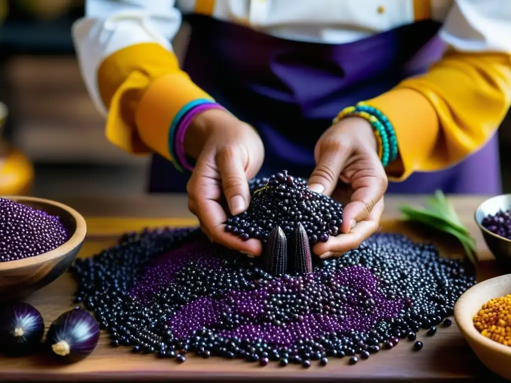 Un chef muele maíz morado para chicha, conectando recetas históricas con relevancia cultural