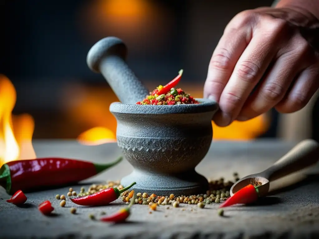 Un chef muele chile en un mortero de piedra antiguo mientras la luz del sol realza la escena