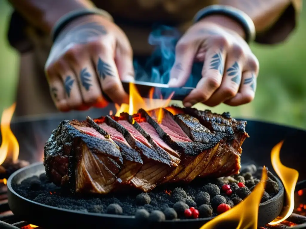 Un chef nómada sazona expertamente carne sobre fuego abierto, mostrando técnicas de preparación de carnes en cultura nómada