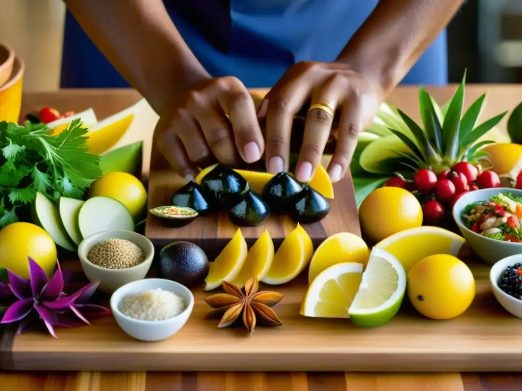 Un chef crea una obra de arte culinaria con sabores profundos en cocina pacífica