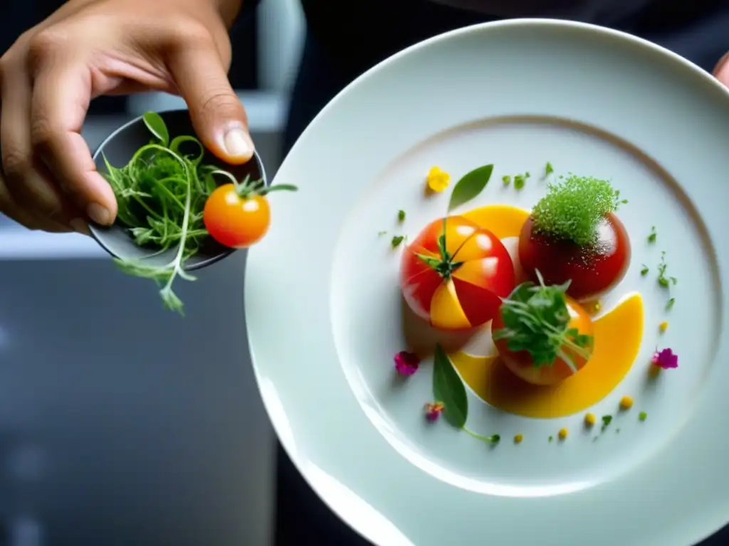 Un chef crea una obra de arte culinaria con ingredientes orgánicos en un plato blanco elegante