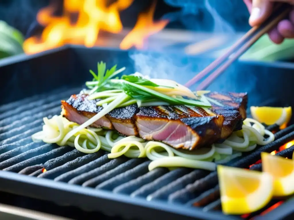 Chef preparando un Okonomiyaki en la parrilla, con ingredientes vibrantes y movimiento