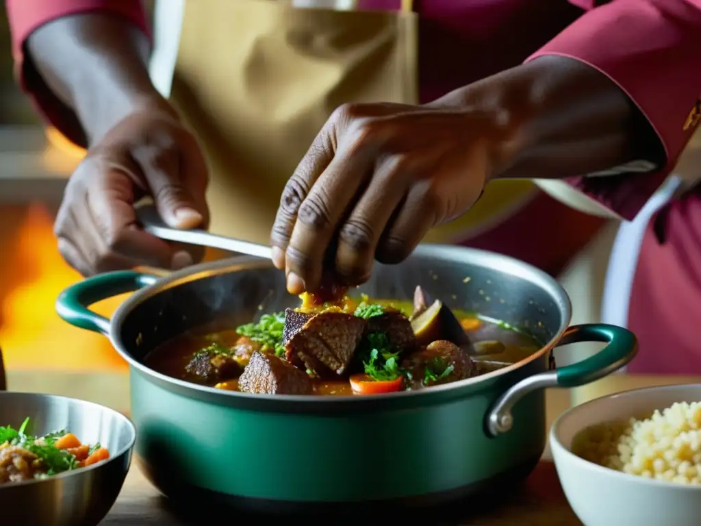 Chef experto sazona un gumbo sureño con influencias africanas Un chef sazona una olla de gumbo, fusionando influencias gastronómicas africanas en el Sur de Estados Unidos