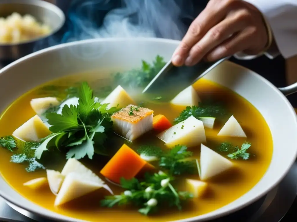 Un chef sazona con maestría una olla de Sopa de pescado rusa Ukha, resaltando la tradición y destreza culinaria