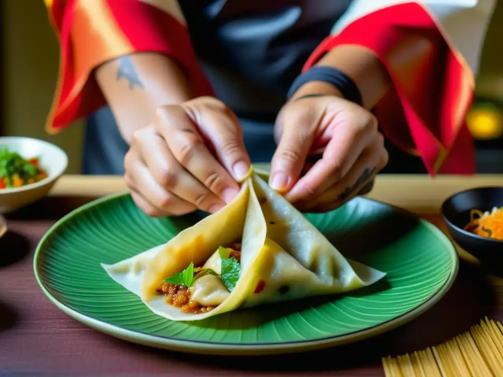 Un chef hábil fusiona origenes y receta de gyoza Peruana con detalles culinarios en sus manos tatuadas