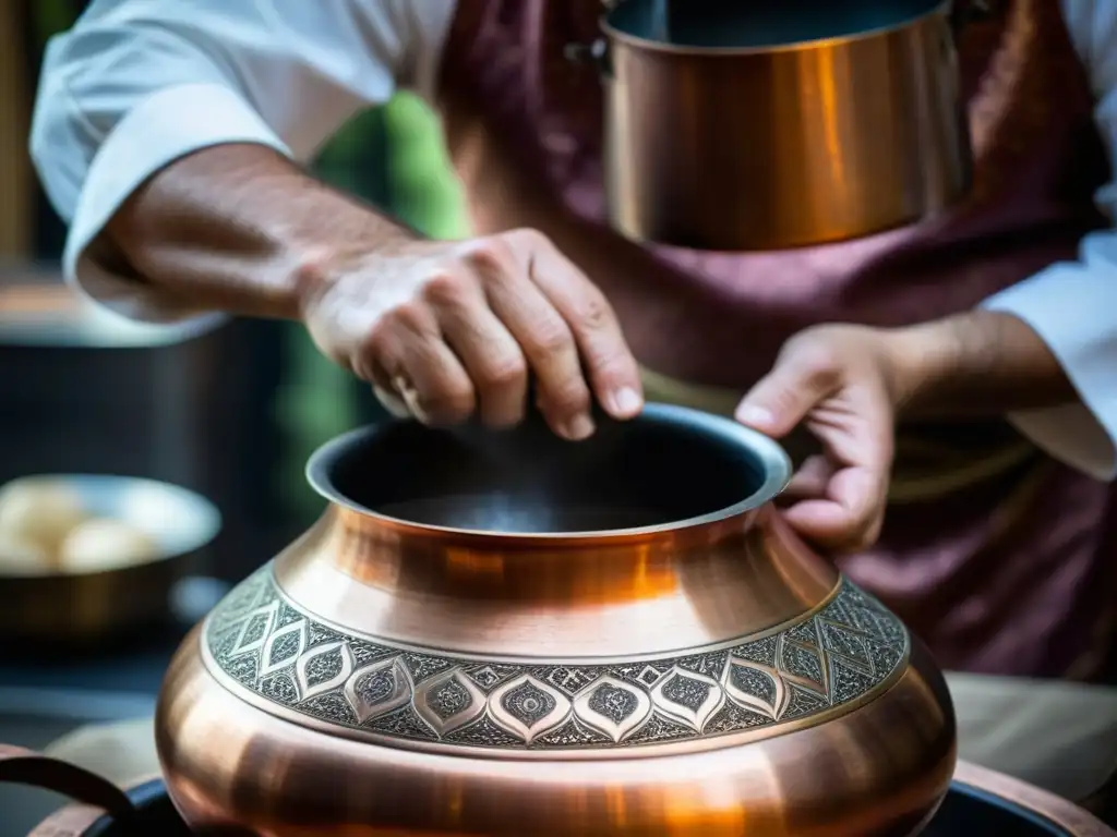 Un chef otomano experto graba patrones en una olla de cobre, mostrando la artesanía de la cocina otomana y recetas históricas cultura