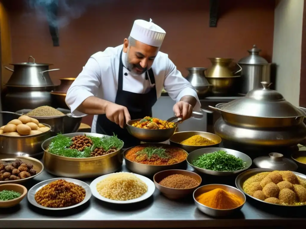 Un chef otomano experto preparando recetas históricas Ramadán Imperio Otomano con maestría en una bulliciosa cocina