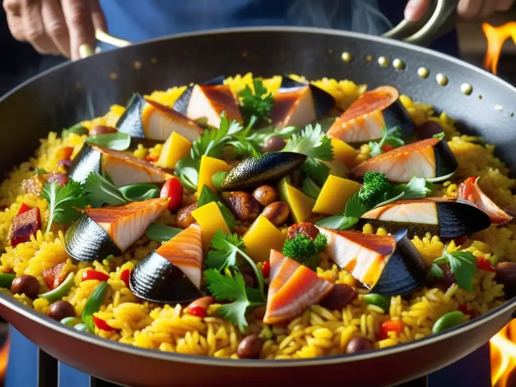 Chef preparando paella española en Festival Alhambra, resaltando la rica cultura gastronómica