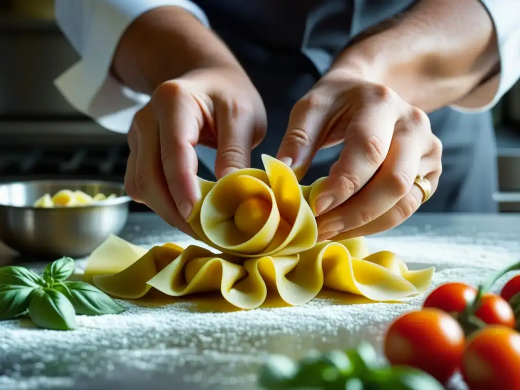 Un chef hábil crea pasta renacentista con ingredientes frescos