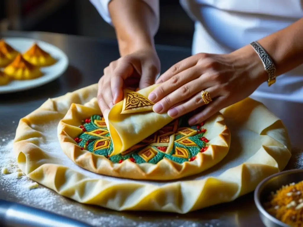 Chef experto preparando pastelería armenia con phyllo dorado Un chef crea un pastel armenio con delicada masa de hojaldre, fusionando tradición e innovación en una cocina vibrante