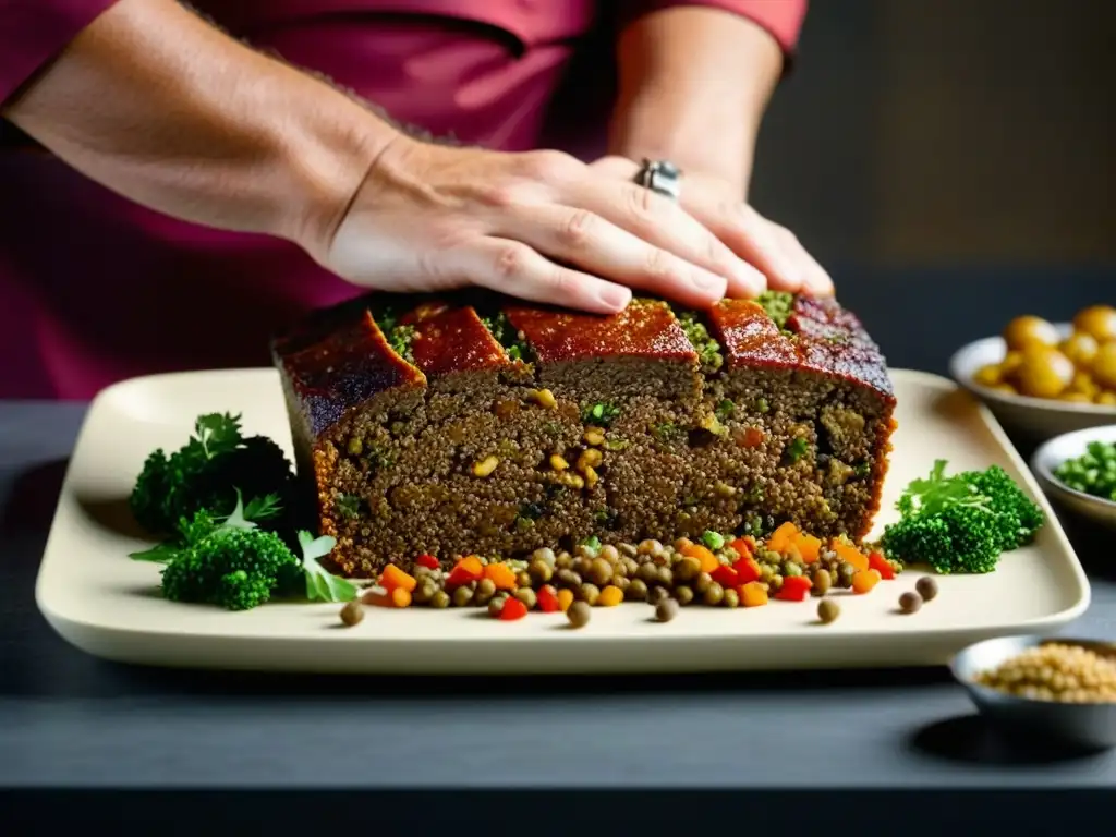 Un chef inventa un pastel de carne sin carne con ingredientes coloridos y texturizados