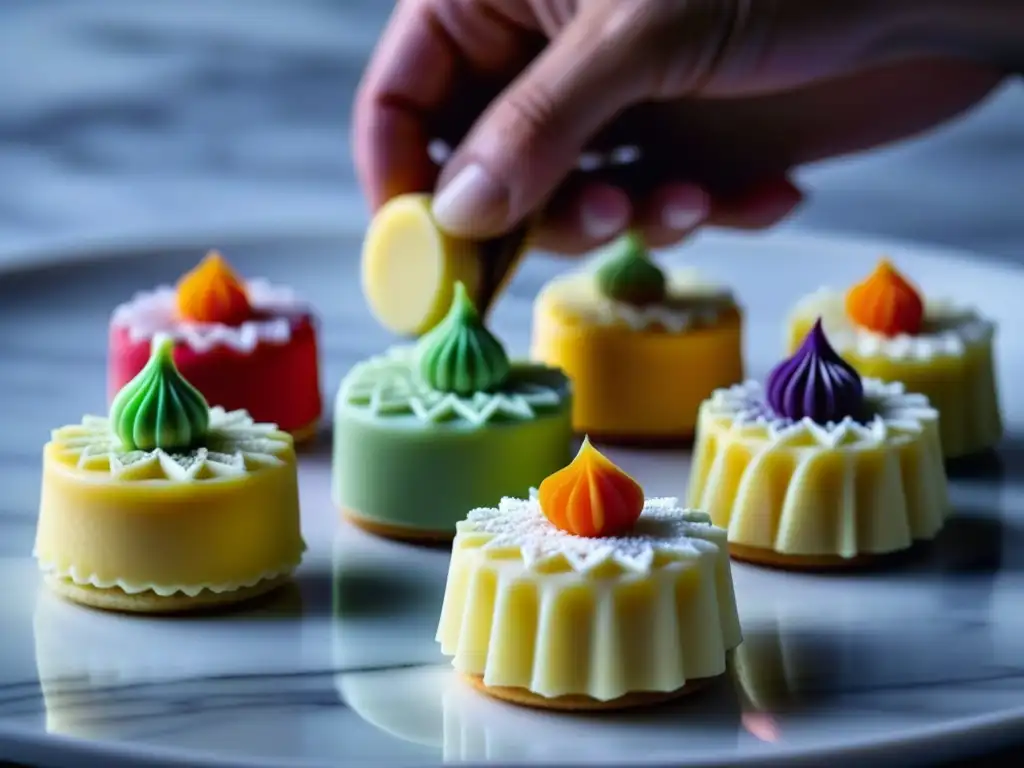 Un chef pastelero francés adorna petit fours con precisión y arte en mármol blanco