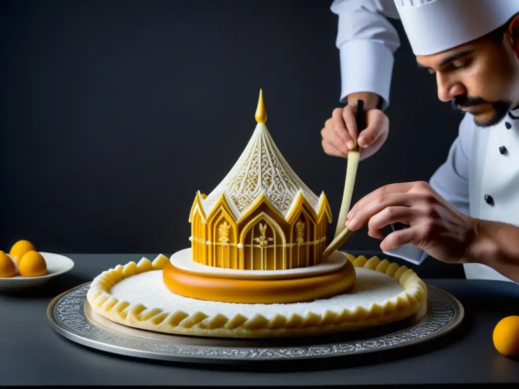 Un chef pastelero crea una escultura de azúcar inspirada en la arquitectura medieval, fusionando influencias en platos contemporáneos