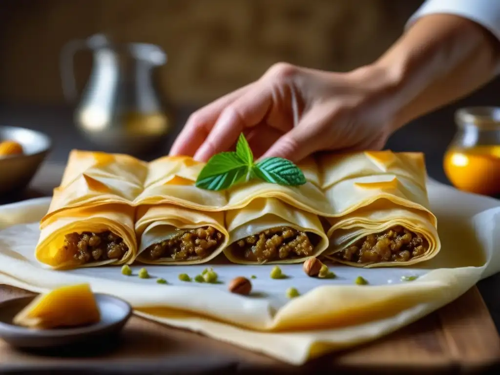 El chef pastelero experto crea baklava con precisión y cuidado, mostrando el origen histórico del baklava