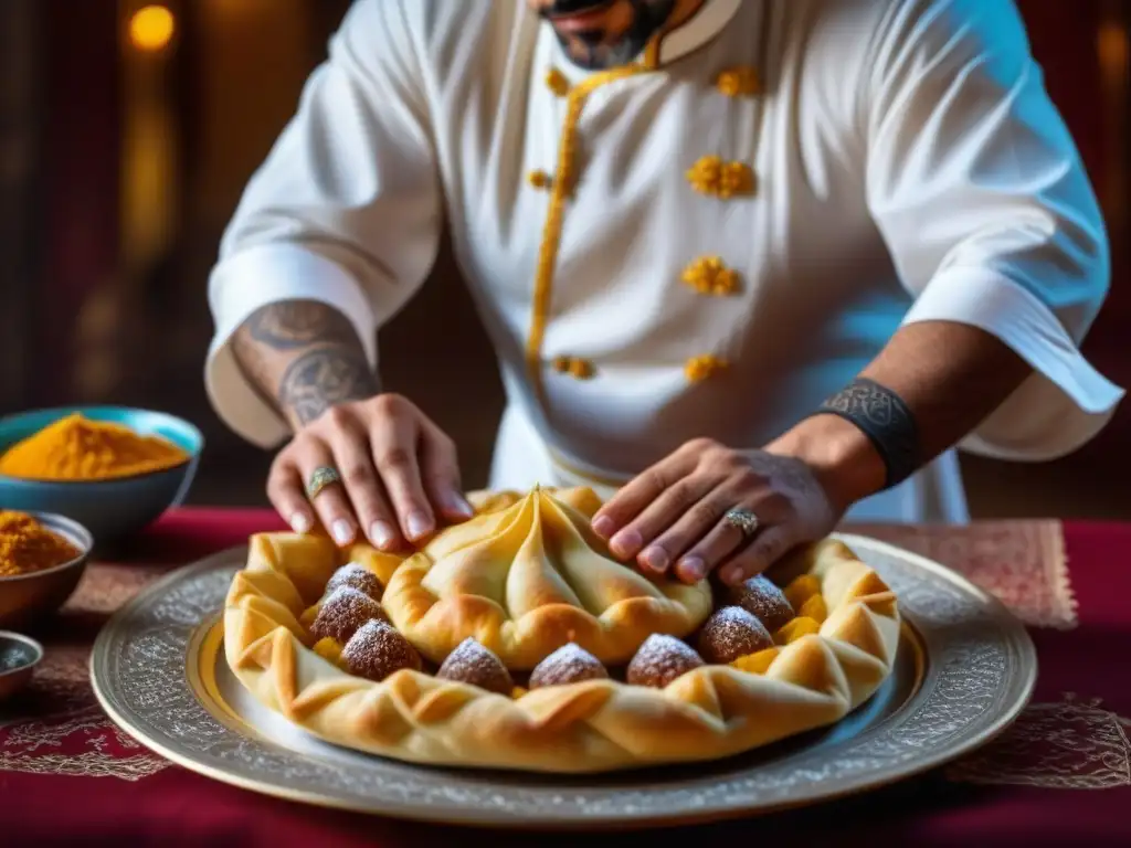 Un chef pastelero marroquí crea con destreza capas de masa filo para un postre tradicional, destacando la herencia andalusí en repostería norteafricana