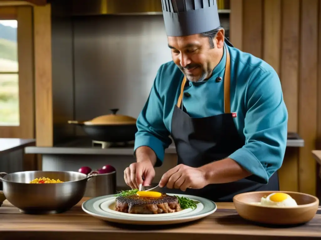 Un chef patagónico fusionando tradición cultural en una cocina rústica, equilibrando innovación y arraigo culinario