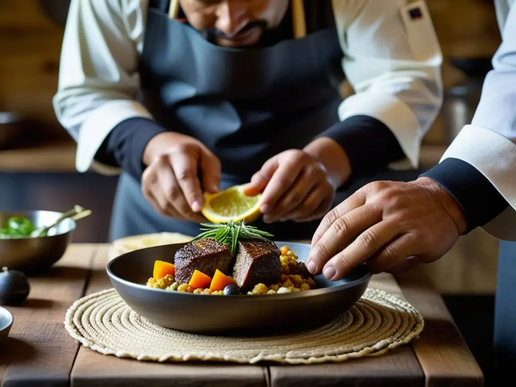 Un chef patagónico fusiona tradición cultural en una cocina rústica, creando platos vibrantes y detallados