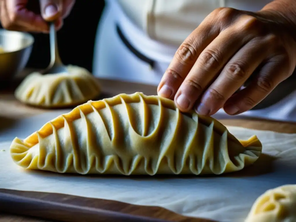 Un chef patagónico moldea con destreza una empanada de cordero, mostrando la artesanía detrás de esta receta histórica