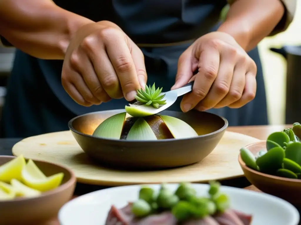 Un chef patagónico experto preparando centolla, resaltando la precisión y arte culinario