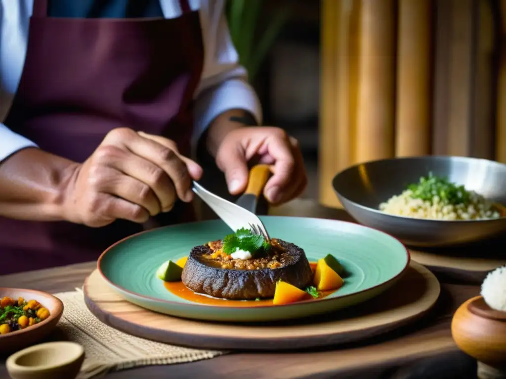 Un chef patagónico preparando una receta tradicional con técnicas ancestrales y ingredientes locales