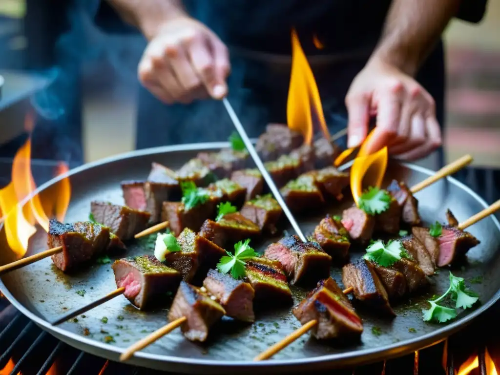 Un chef persa ensartando cordero en un pincho, listo para el horno tandoor