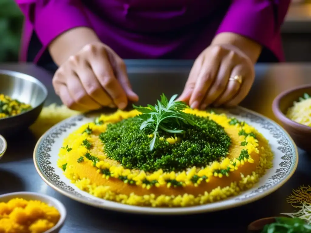 Chef persa moldea con destreza un exquisito Tahchin, reflejando orígenes cocina persa historia cultural en cocina bulliciosa de Irán