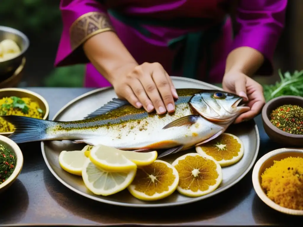 Un chef persa experto marina un pescado con especias, mostrando tradición culinaria