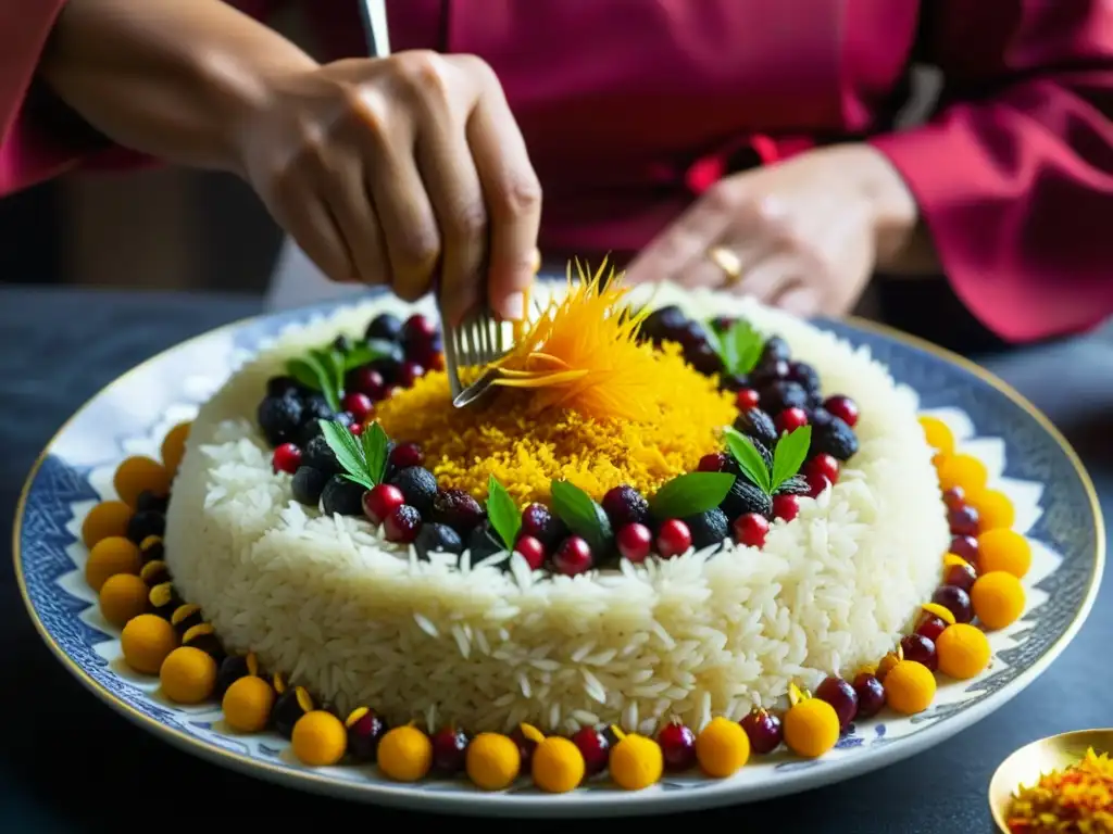 Chef persa decorando Zereshk Polo Ba Morgh con barberries rojas y azafrán, resaltando la hospitalidad persa a través del arte culinario