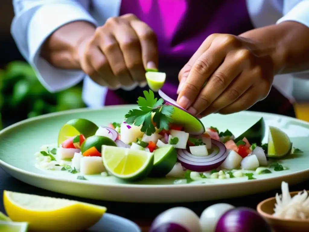 Un chef peruano preparando ceviche, destacando la fusión de sabores en Perú