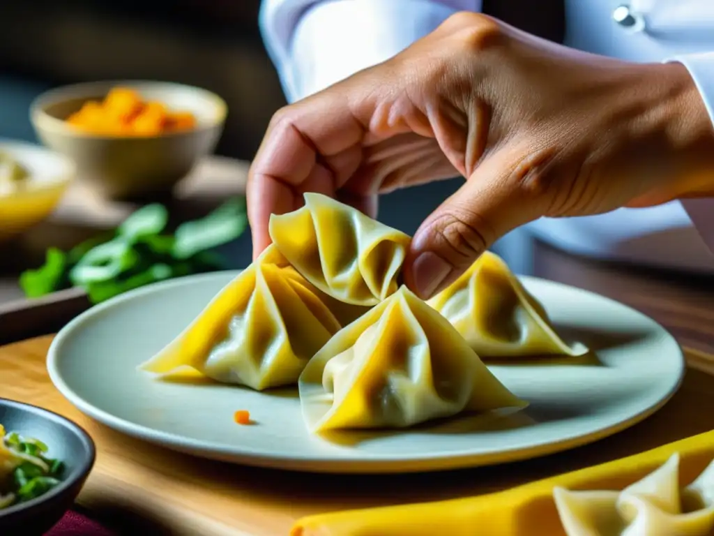 Un chef peruano chino expertamente preparando wontons, muestra la fusión culinaria