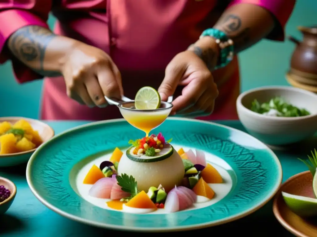 Un chef peruano prepara con detalle un ceviche colorido y elaborado, destacando la gastronomía de lujo en Perú