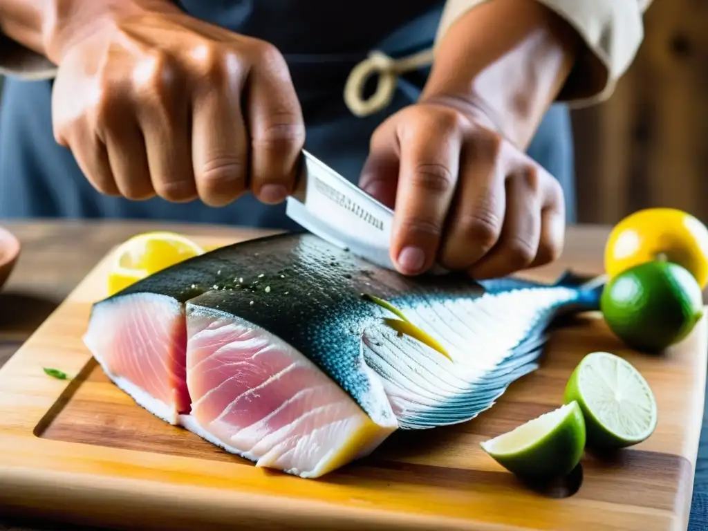 Un chef peruano experto cortando pescado fresco para preparar Tiradito, mostrando precisión y tradición culinaria