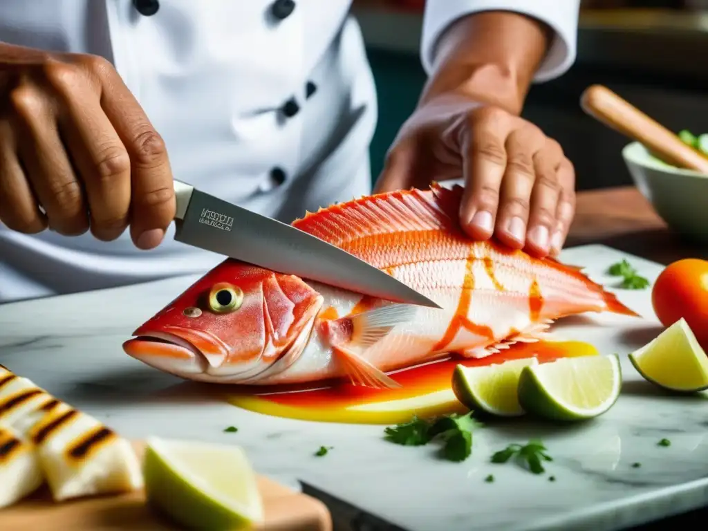 Un chef peruano experto cortando con precisión un pescado fresco para preparar un Tiradito