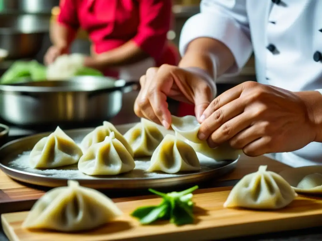 Un chef peruano habilidoso fusiona influencia china en cocina peruana, creando dumplings con destreza en una bulliciosa cocina