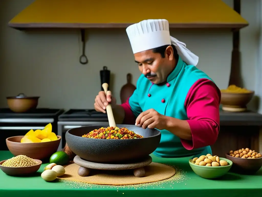 Chef peruano preparando Pepián de Cuy en cocina tradicional