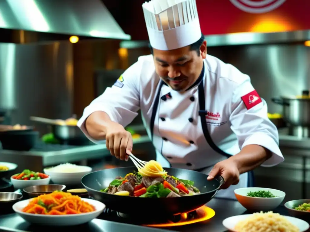 Un chef peruano preparando un plato fusionado chino-peruano, destacando la influencia China en cocina peruana