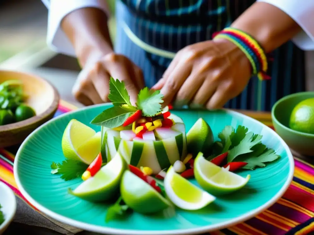 Un chef peruano adorna con precisión un ceviche con limón, ají y cilantro, mostrando la gastronomía de lujo en Perú