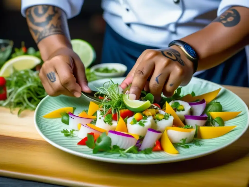 Un chef peruano adorna con precisión un ceviche con ingredientes frescos y coloridos, mostrando la gastronomía de lujo en Perú