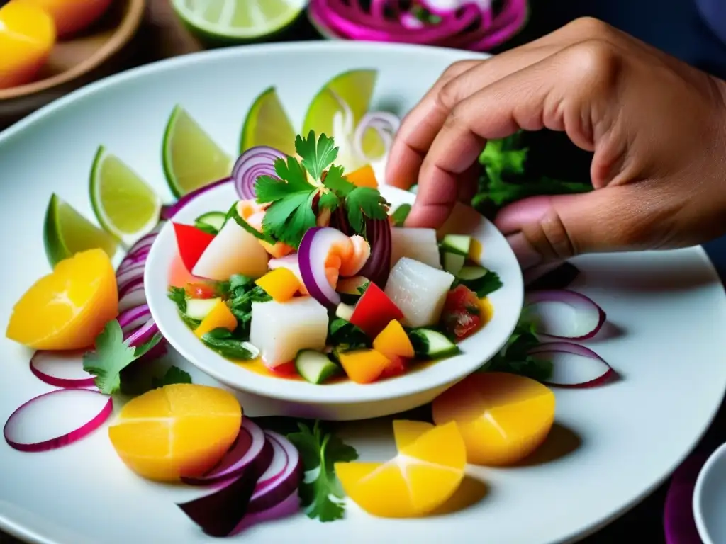 Un chef peruano elaborando con precisión un ceviche gourmet, representando la gastronomía de lujo en Perú