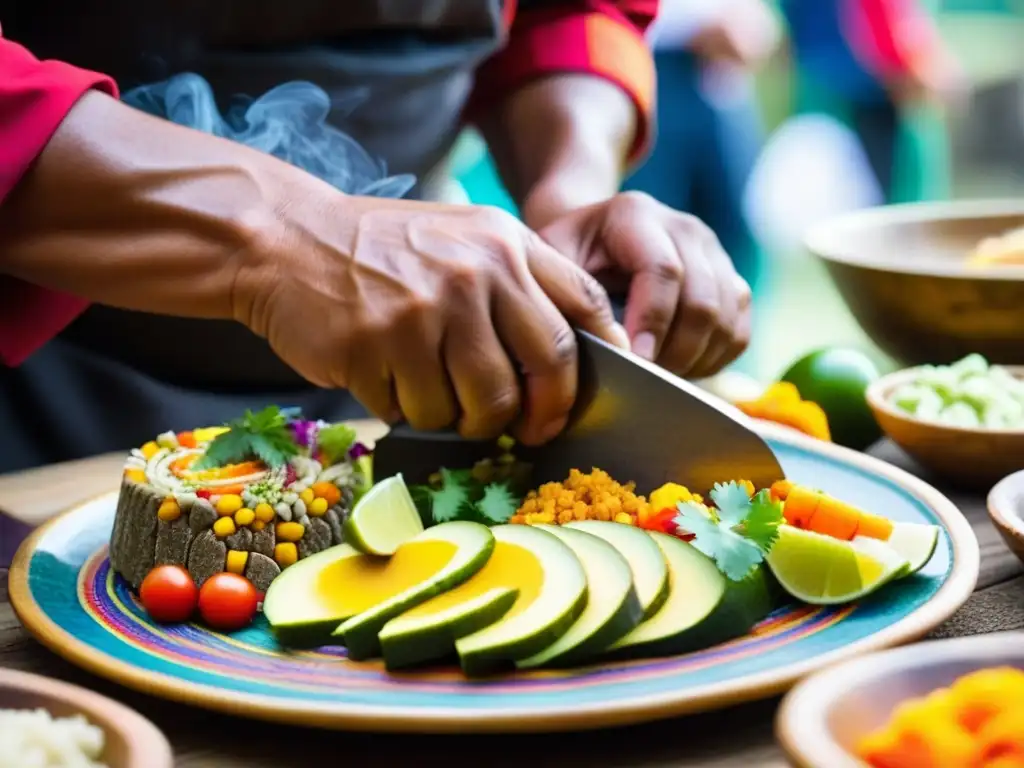 Un chef peruano preparando una receta histórica en el Festival Machu Picchu, mostrando dedicación y experiencia en sus manos