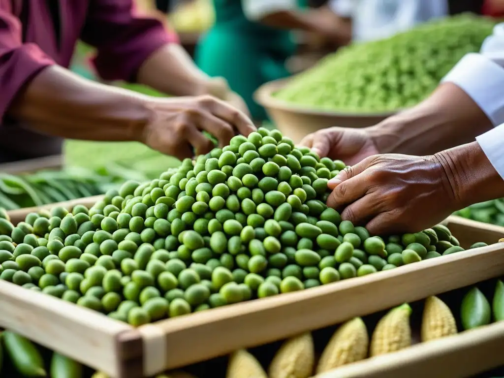 Un chef peruano selecciona cuidadosamente soya fresca en un bullicioso mercado de Lima