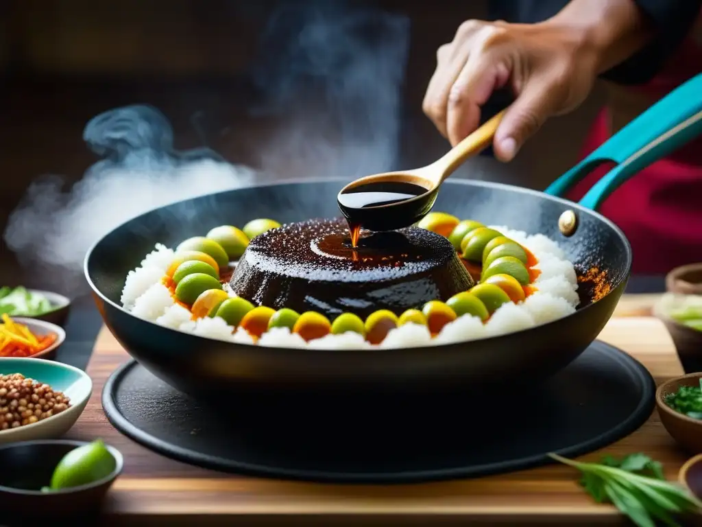 Chef peruano vierte soya en wok con ingredientes frescos, fusionando tradiciones culinarias