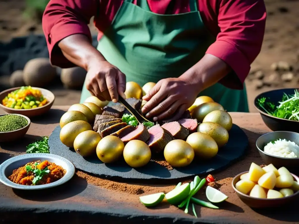 Un chef peruano tradicional preparando una Pachamanca, destacando la técnica ancestral