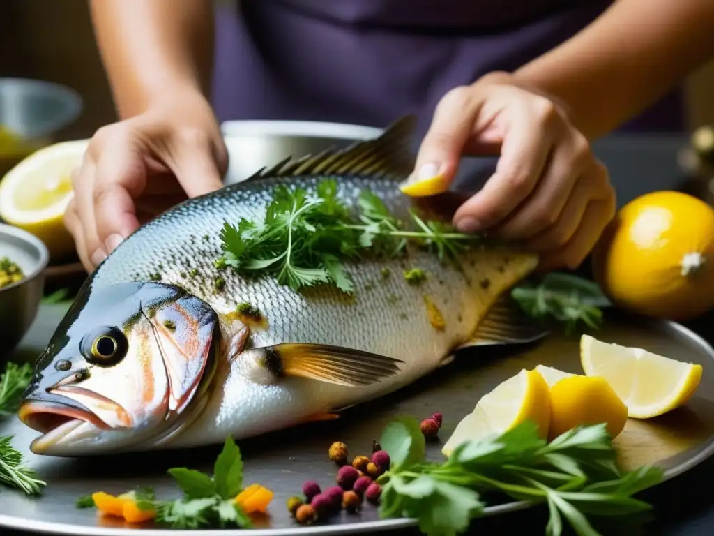 Un chef persa sazona con maestría un pescado fresco en una cocina tradicional, mostrando técnicas culinarias